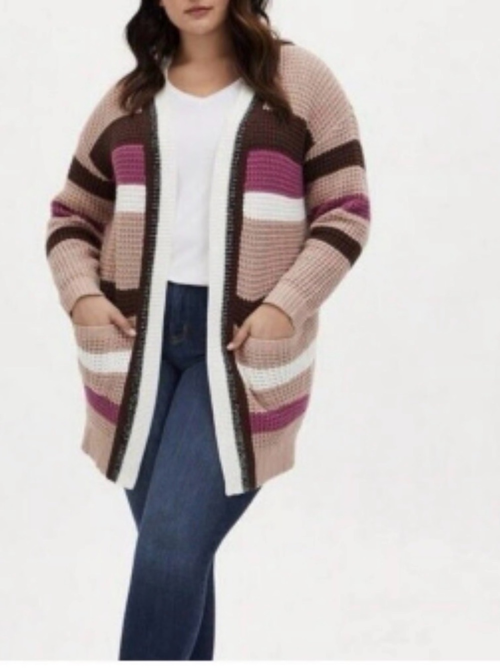 torrid Taupe, Brown & Pink Striped Open-Front Cardigan
